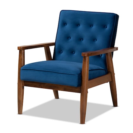 Baxton Studio Sorrento Blue Velvet Upholstered Walnut Finished Wooden Lounge Chair 160-9938